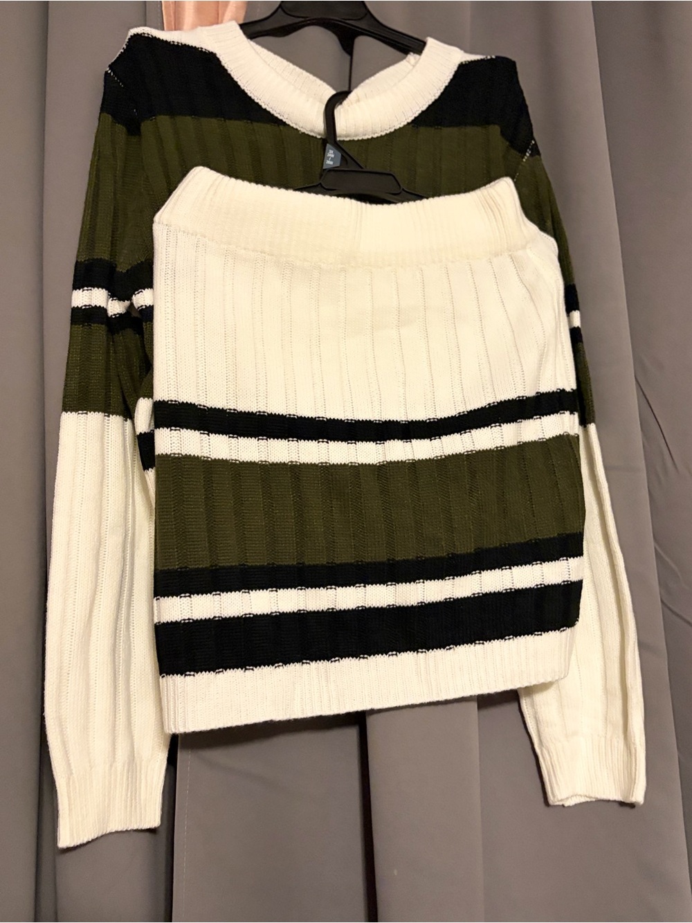 Olive Green, Black & Cream Striped Ribbed Crew Sweater
